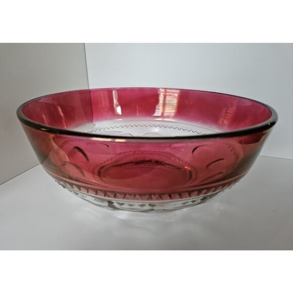 Tiffin Kings Crown Thumbprint Ruby Flashed Salad Serving Bowl 9 1/2" - Picture 1 of 8
